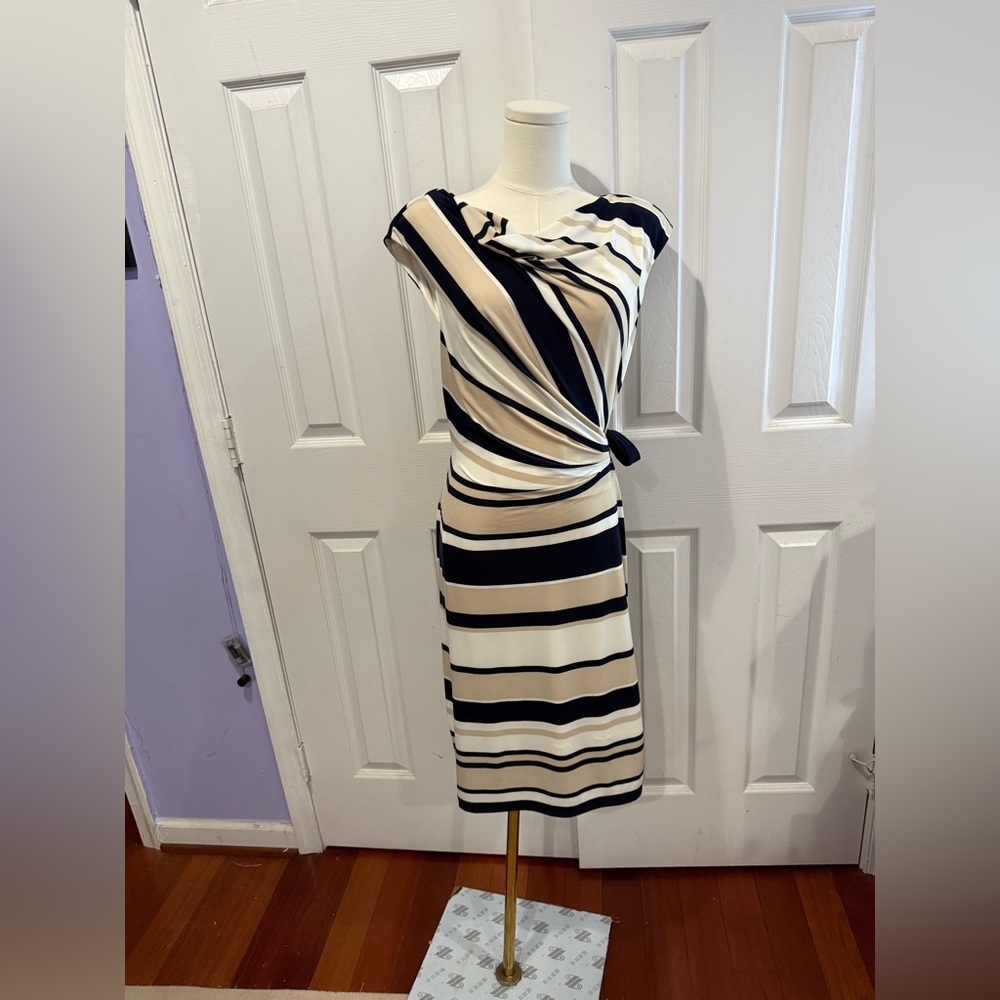 Ralph Lauren Navy and Cream Striped Midi Dress